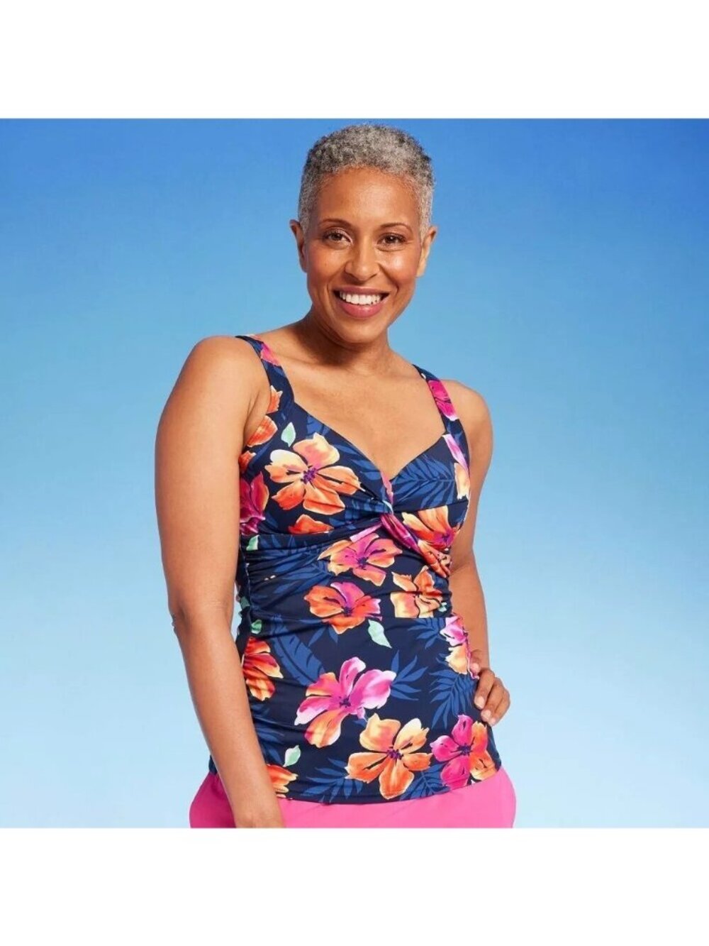 Lands' End Blue & Pink Tropical Floral Twist Front Underwire Tankini Top -- Sz 4